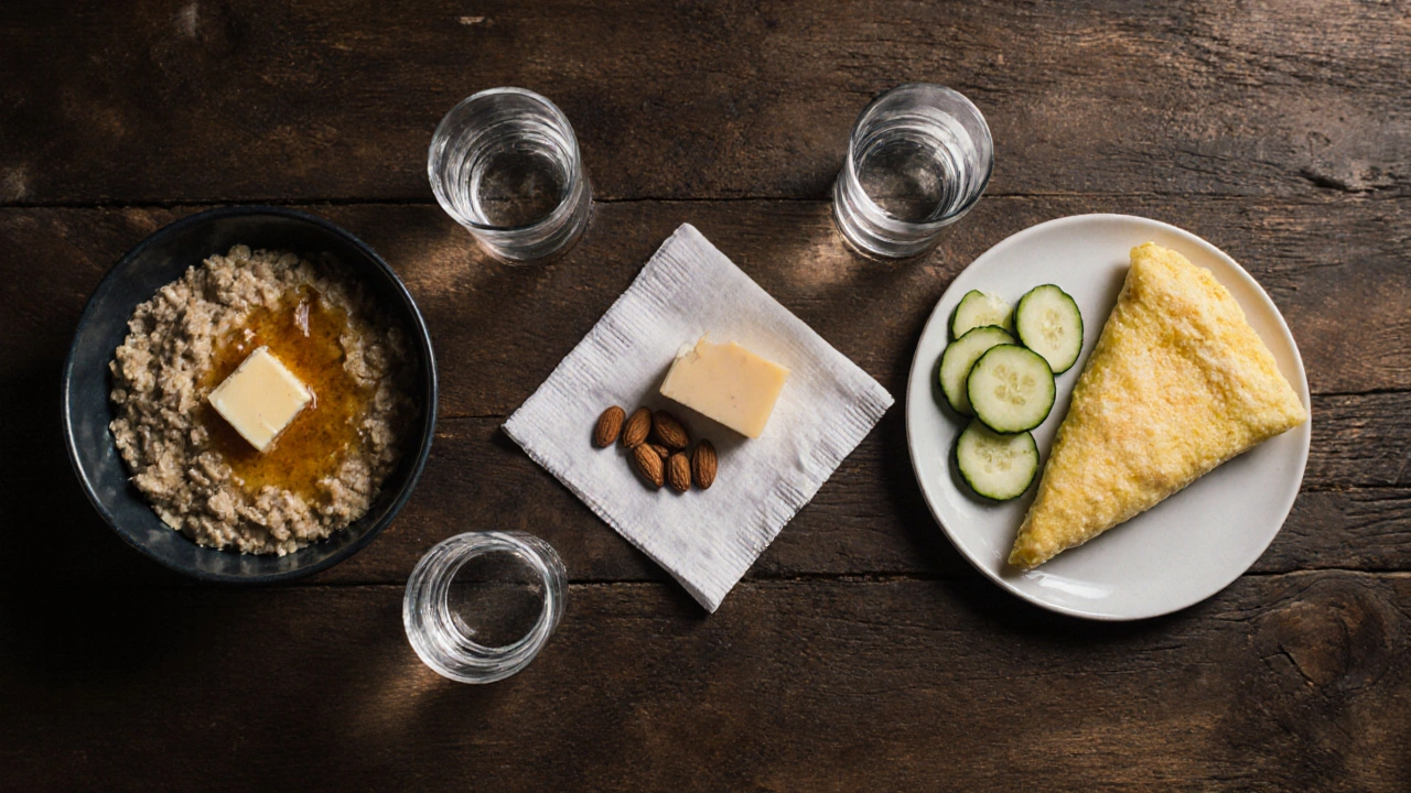 Tři jednoduché svačiny před pitím alkoholu: ovesná kaše, oříšky se sýrem a omeleta.