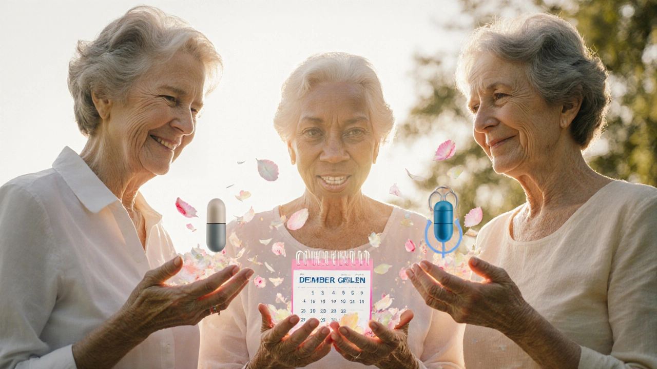 Tři ženy drží kontraceptivní prostředky, které se mění v květy a světlo.