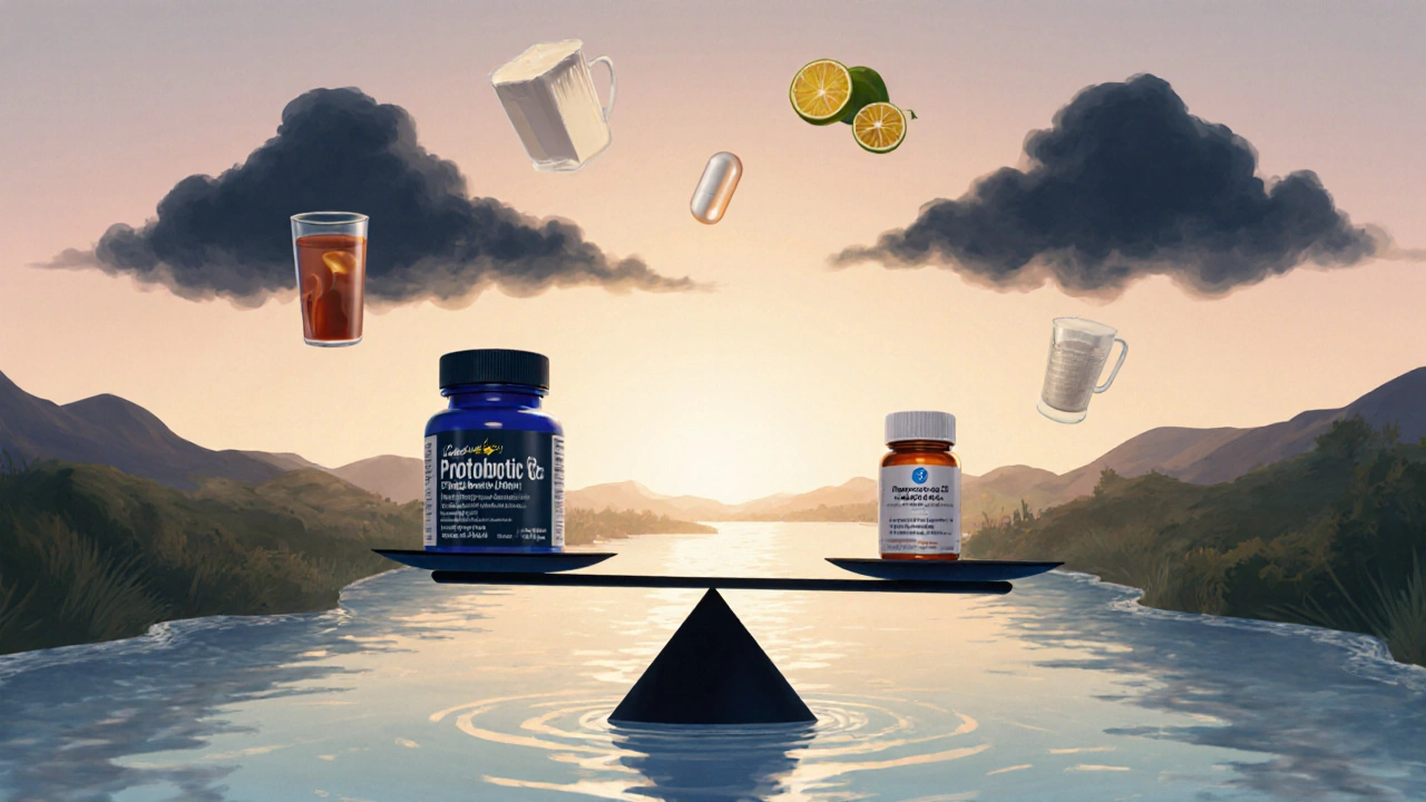 Váha s probiotikem a antibiotikem, kolem nich čistá voda a odplouvající zakázané látky.