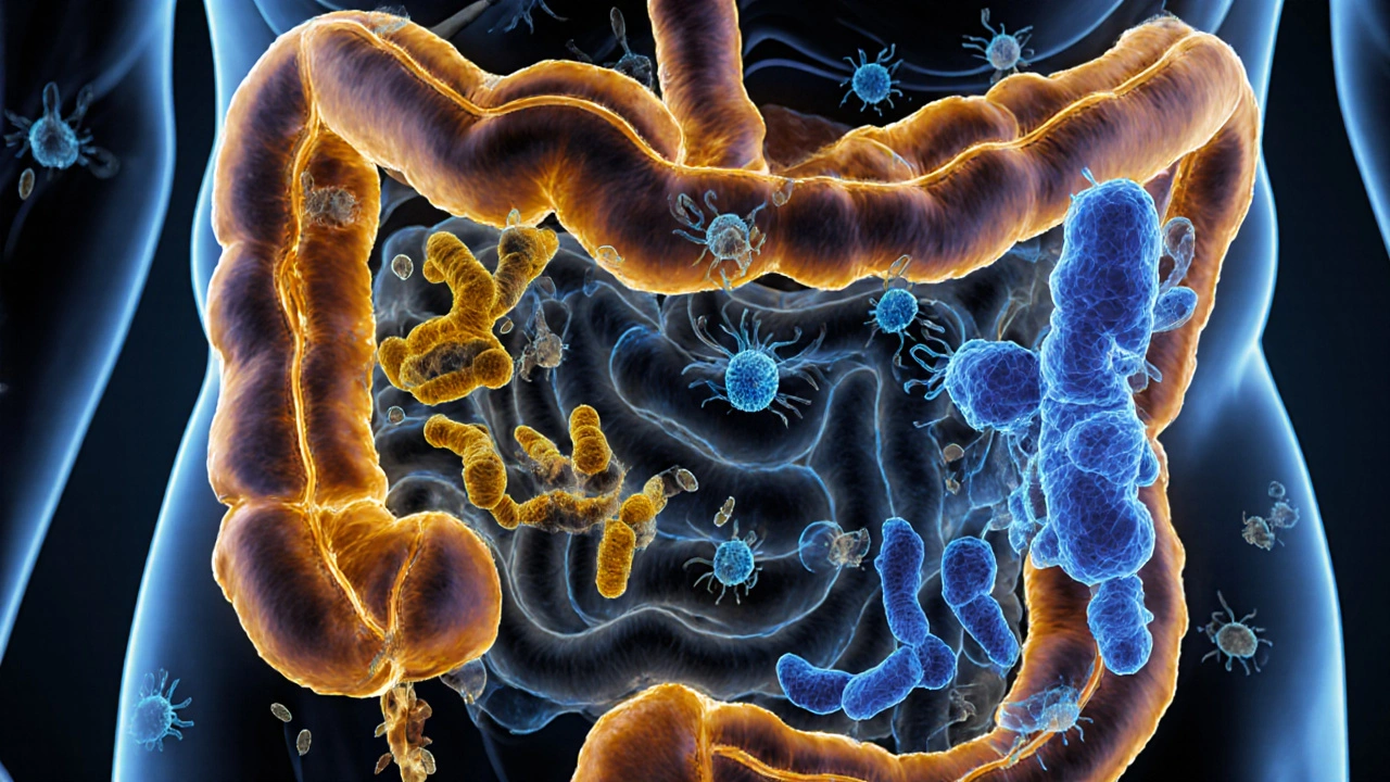 Vnitřek střev s užitečnými bakteriemi a vlákninou