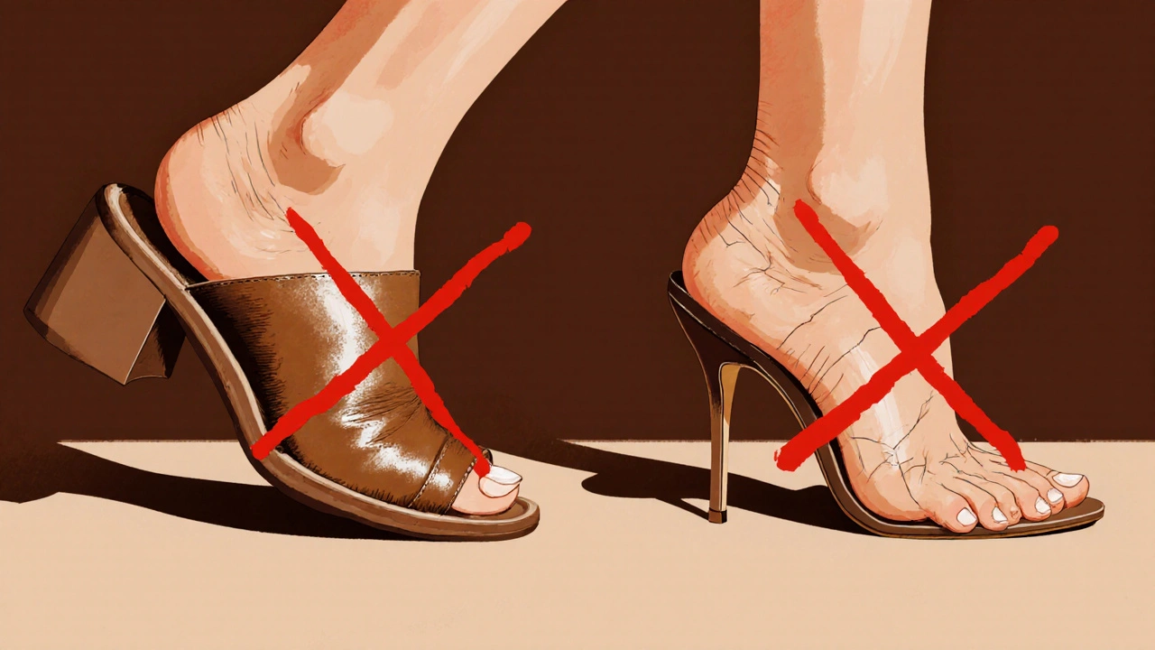 Zdravá noha v široké botě proti poškozené noze v úzké botě.