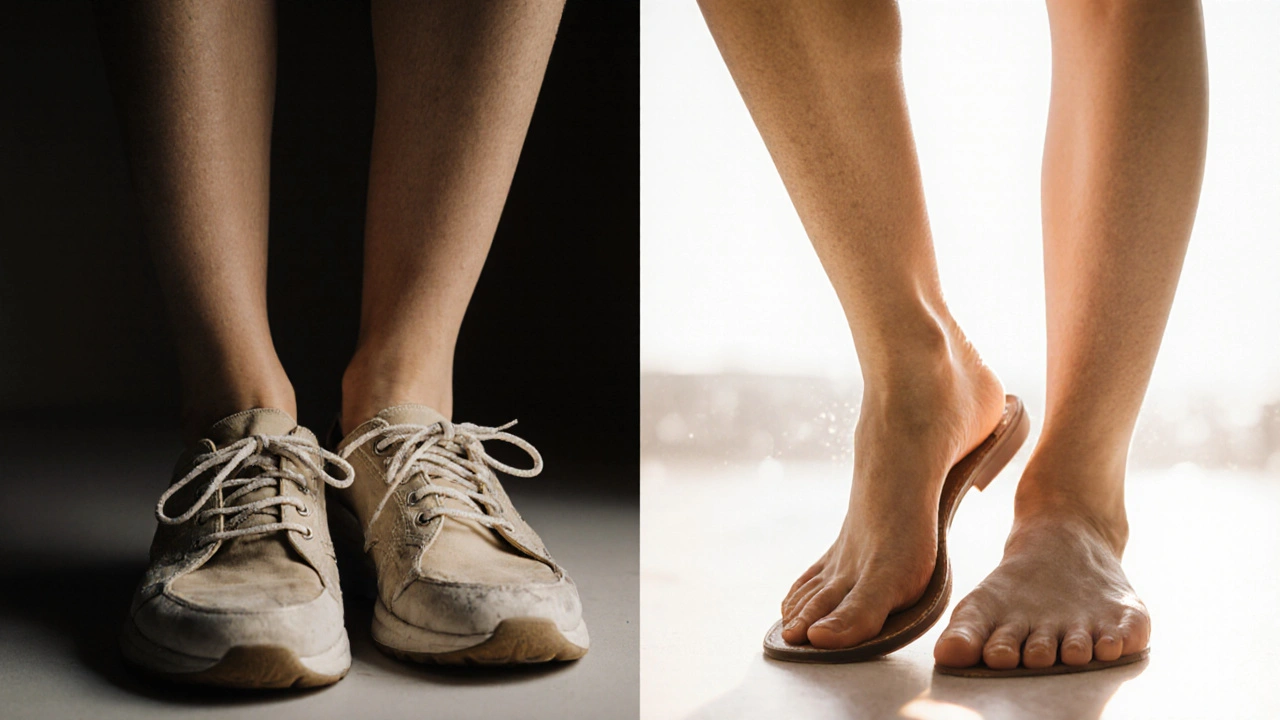 Zdravé nohy vycházejí z obuvi do slunečního světla, symbolizující pohodlí a péči.