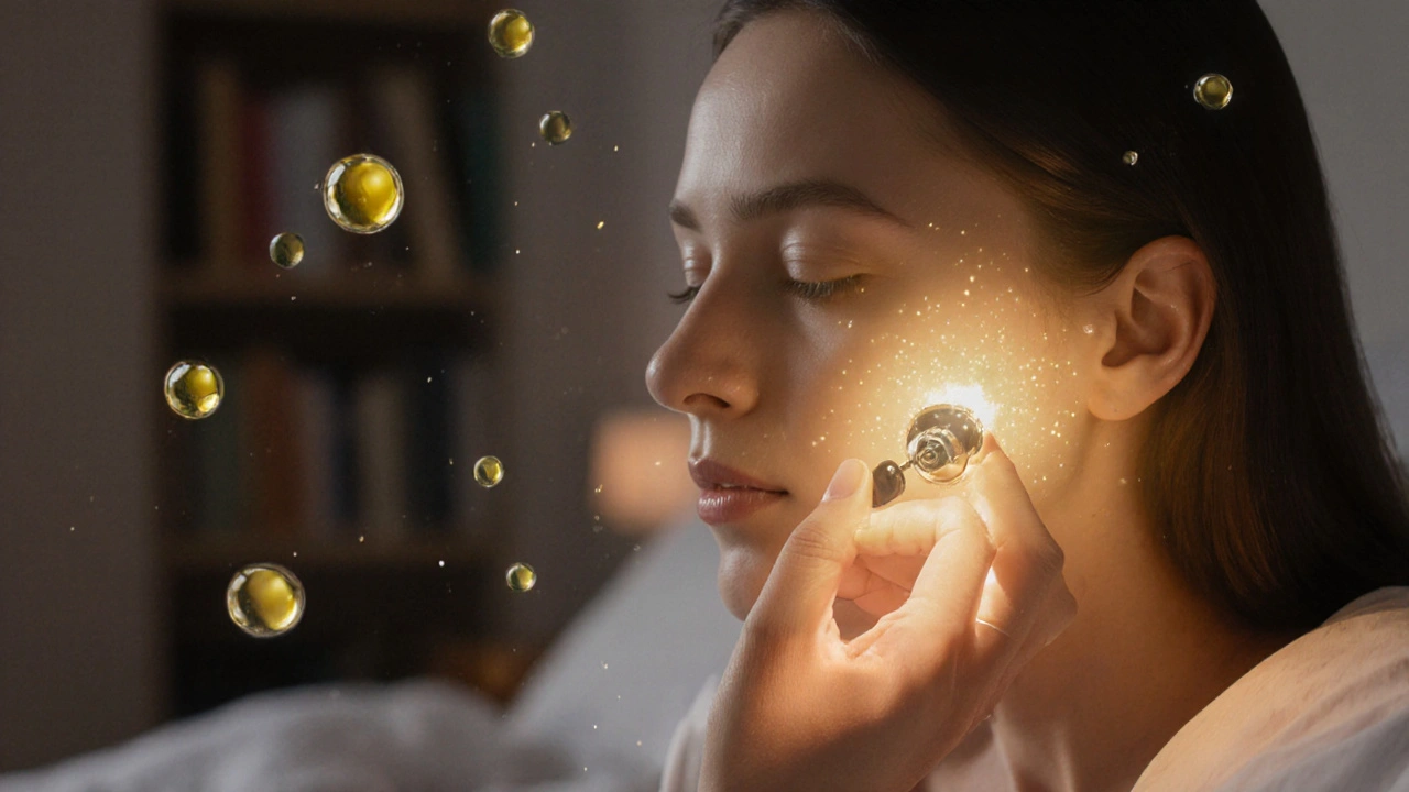 Žena aplikuje noční krém s vitamínem E a retinolem v klidné místnosti