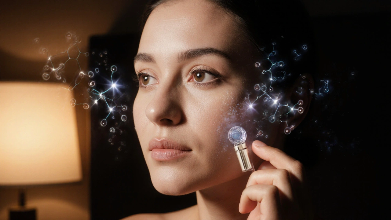 Žena aplikuje retinol na obličej večer, jemně osvětlená, s vize molekul opravy kůže