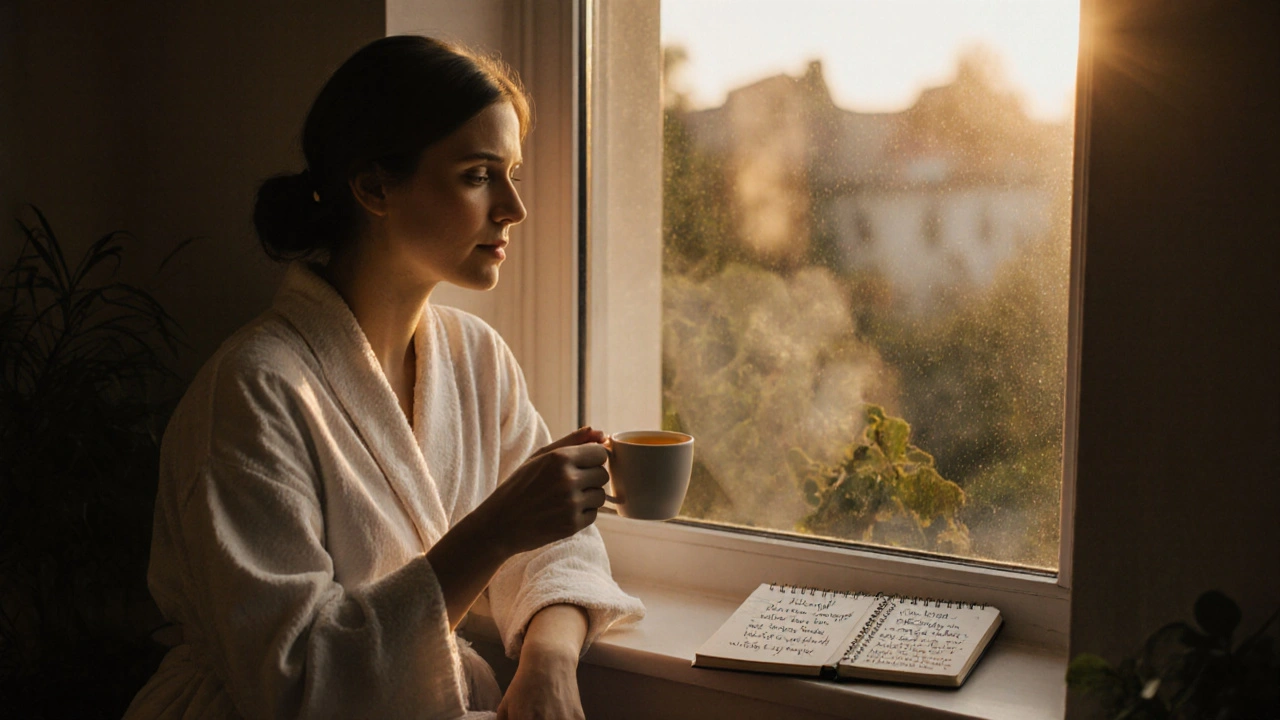 Žena na okně v ranním světle s čajem a poznámkami o spánku a energii.