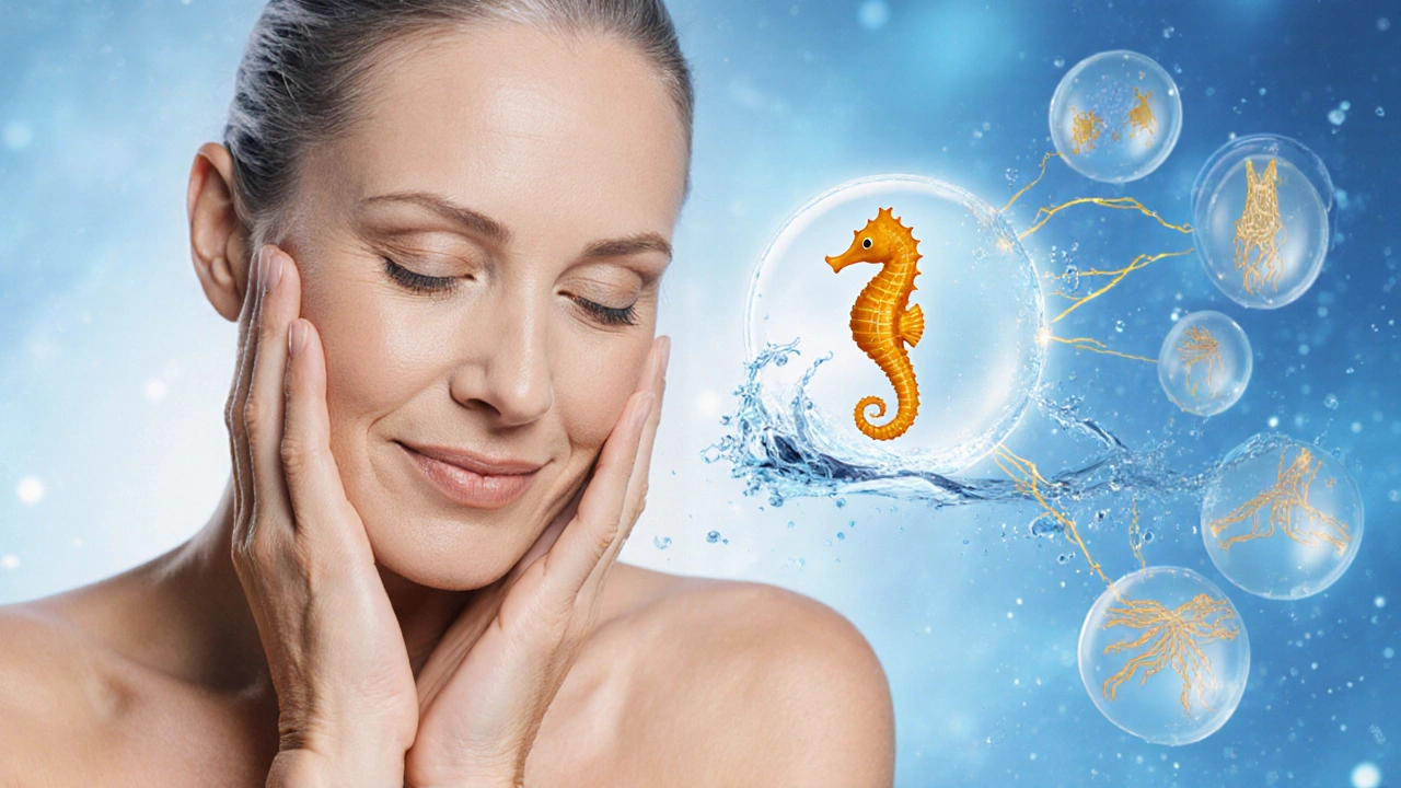 Žena s mladší pletí, kolem ní průběh kolagenových peptidů z mořského koníka.