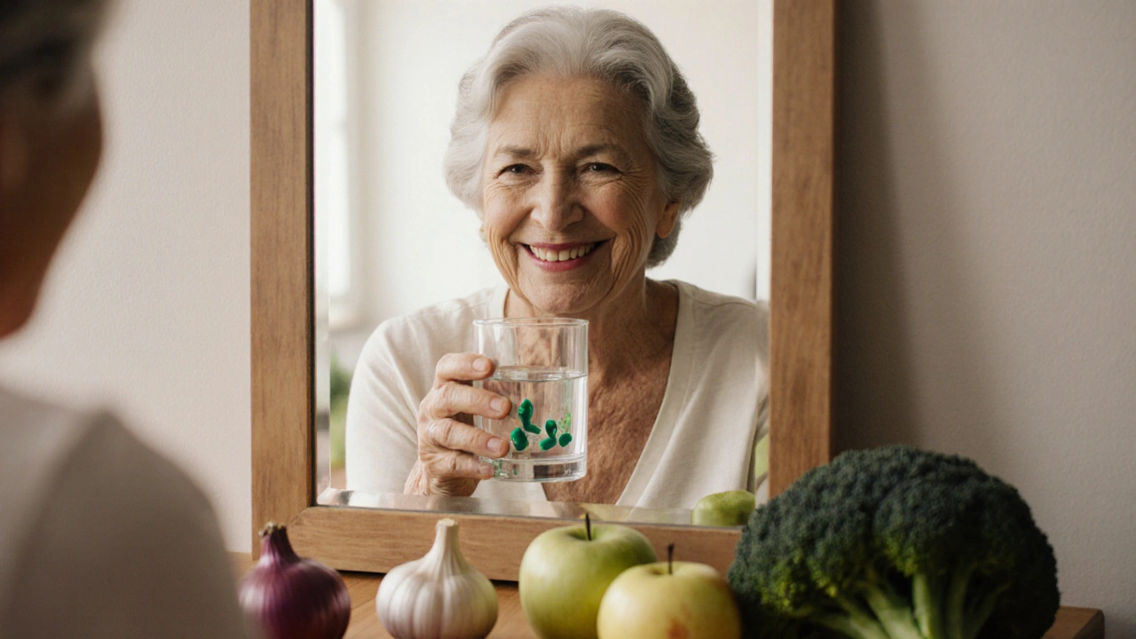 Žena se dívá do zrcadla, okolo ní jsou potraviny bohaté na vlákninu.