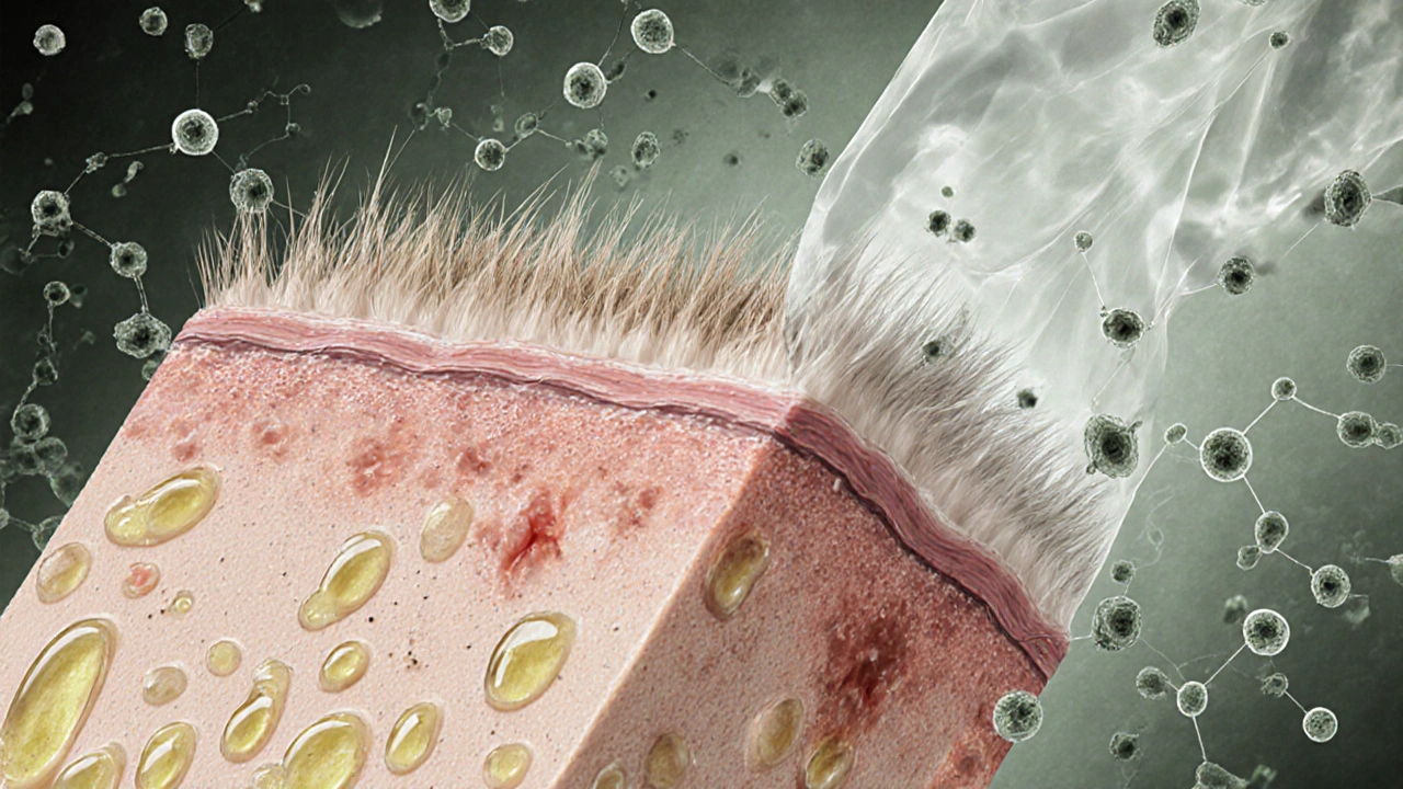 Zvětšený pohled na pokožku hlavy: zdravé a poškozené vlasové folikuly s vrstvou silikonu.