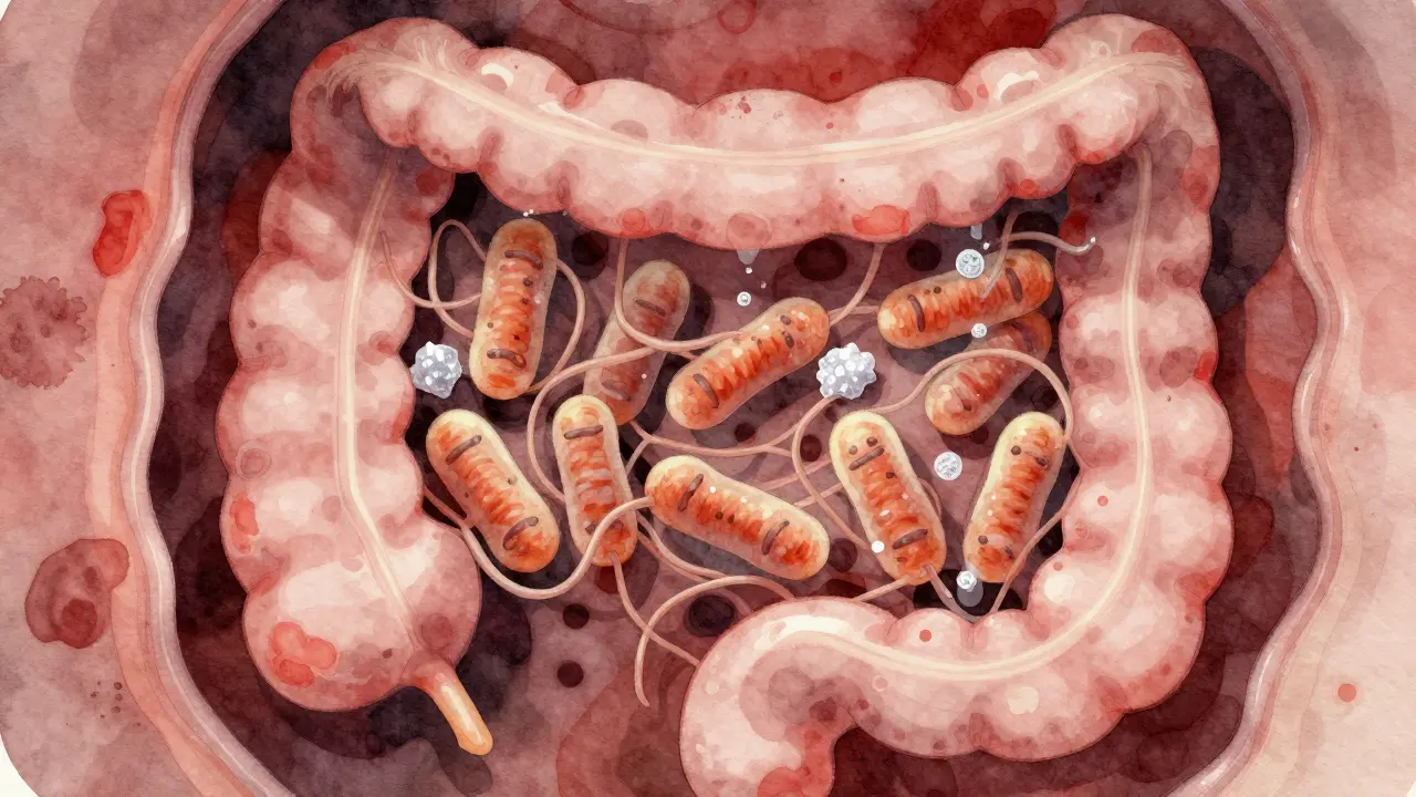 Abstraktní ilustrace střevního mikrobiomu s laktobacily žijícími na vláknině, zatímco sladidla zanikají.