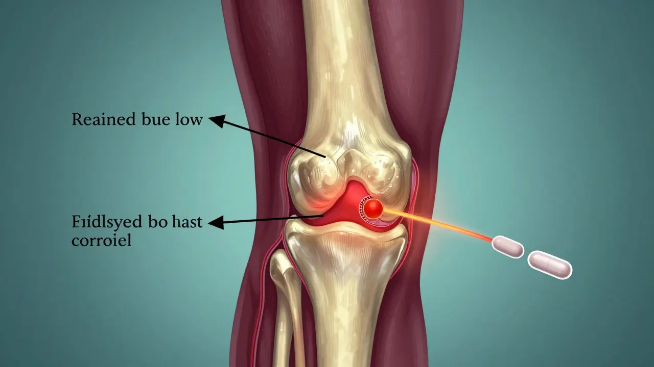 Anatomický nákres poškozeného kloubu s ukázkou sníženého krevního oběhu a kolagenu.
