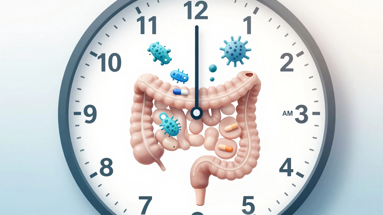 Časová osa ukazující 2hodinový odstup mezi příjmem antibiotik a probiotik.