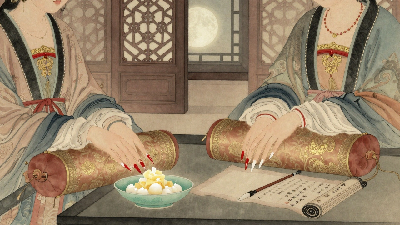 Čínské dvorské dámy s dlouhými zlatými a červenými nehty v klidné interiérové scéně.