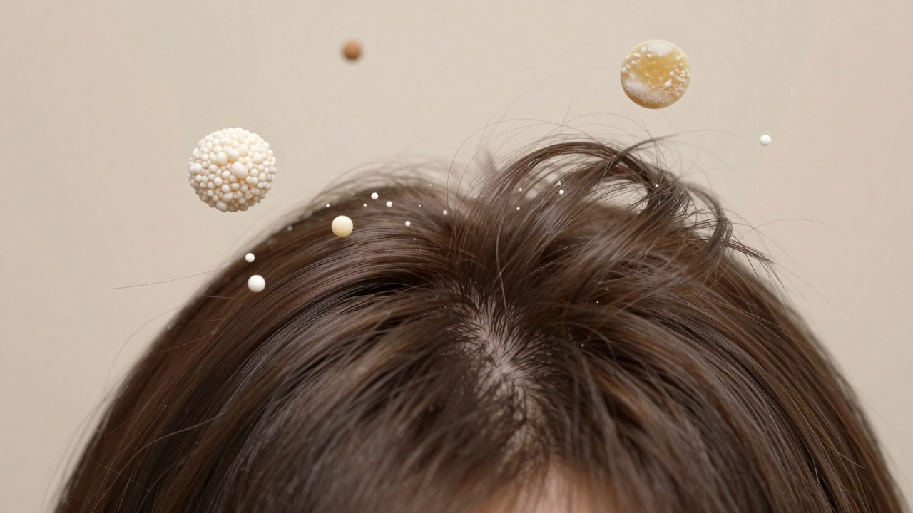 Detailní záběr vlasů s přirozeným objemem a mikroskopickými složkami podporujícími strukturu.