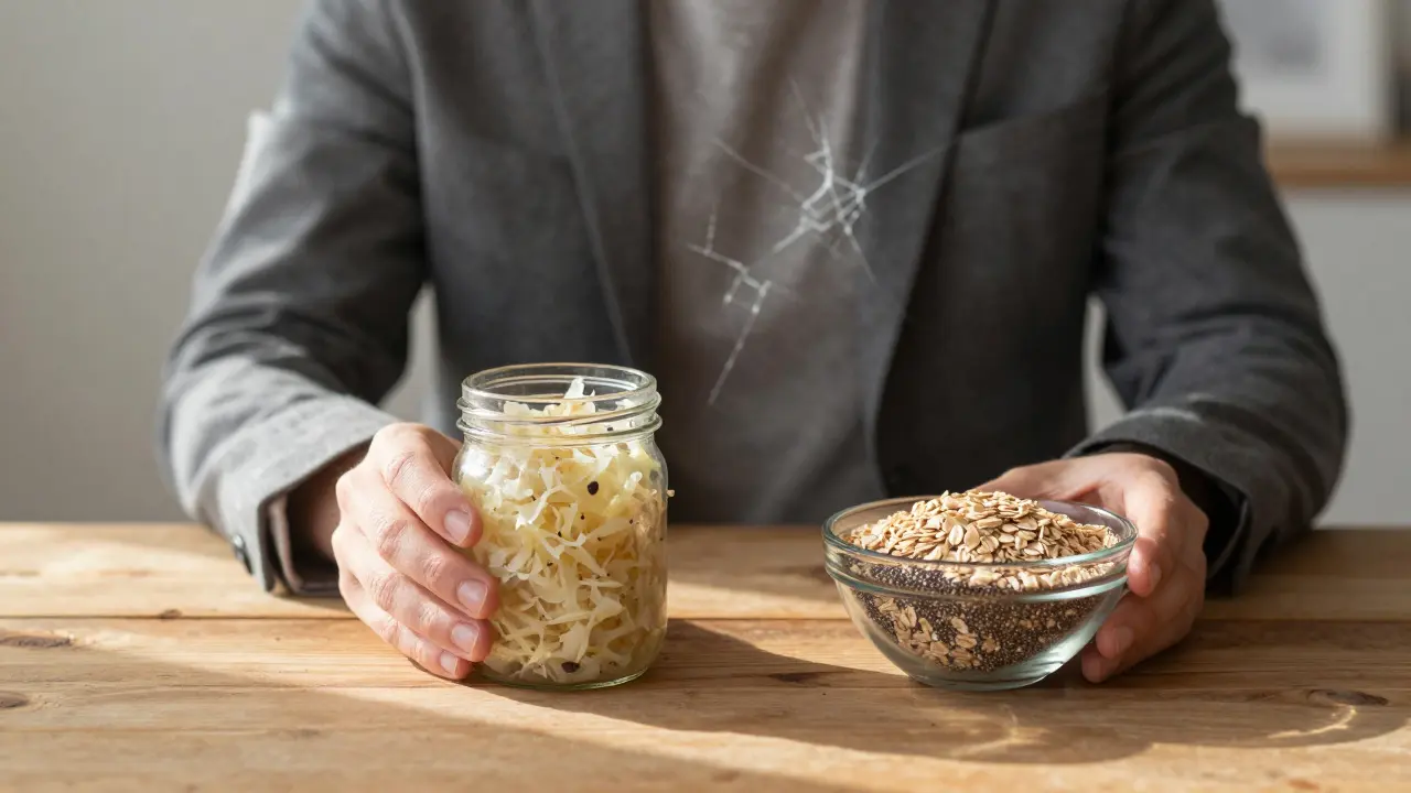 Domácí kysané zelí a ovesná kaše na stole v ranním světle, stresová postava se vypařuje.