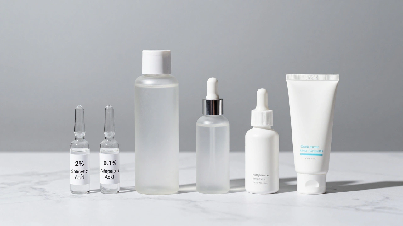 Dvě léčivé látky a denní péče o pleť uspořádané v laboratorním stylu bez textů nebo značek.