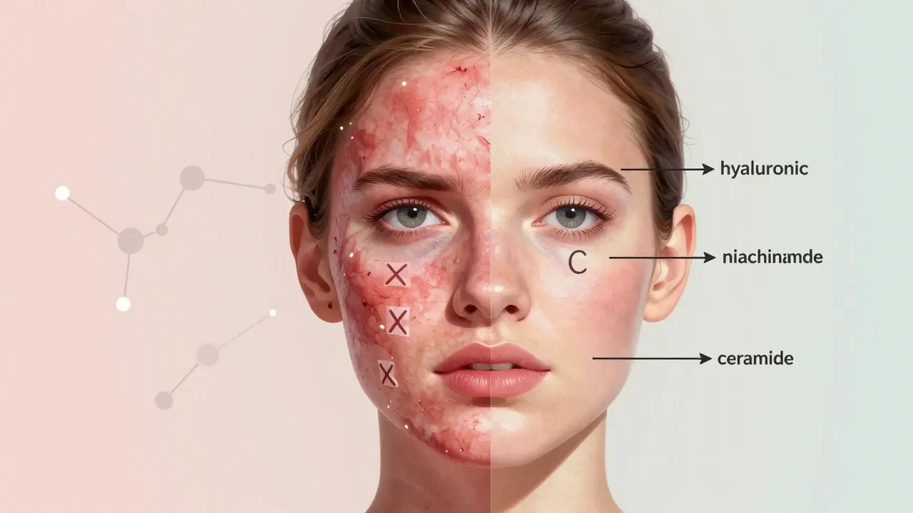 Dvě strany obličeje: jedna podrážděná, druhá klidná, s vysvětlujícími symboly.