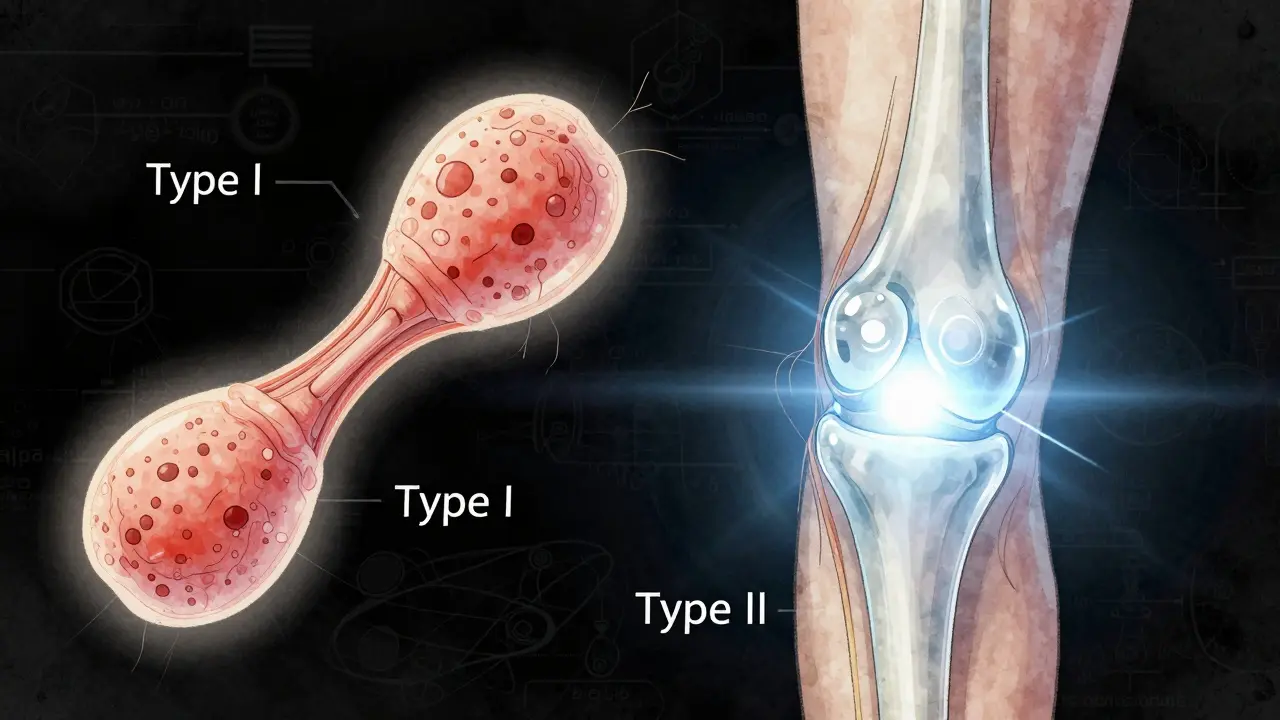 Ilustrace dvou typů kolagenu: typ I pro kůži a typ II pro kloubní chrupavku.