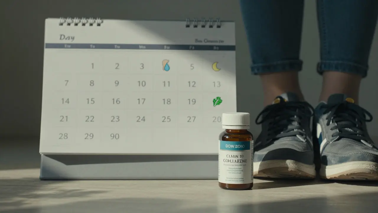 Kalendář s ikonami denního užívání kolagenu a botami vedle něj