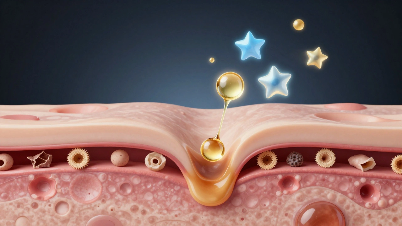 Křížový řez kůže ukazující, jak salicylová kyselina a retinoidy pronikají do zatvářeného pory.