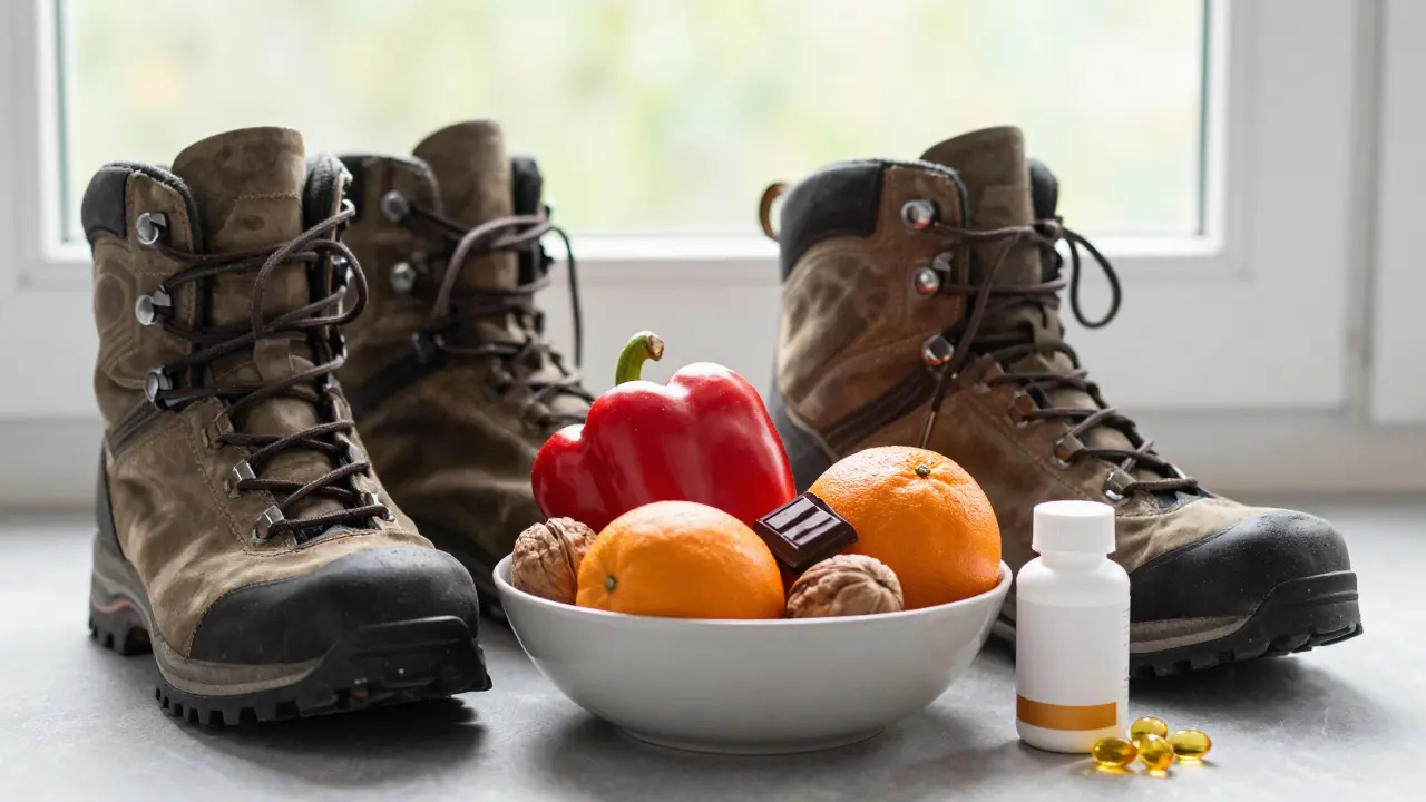 Kurkové boty a zdravé potraviny vedle doplňků pro klouby jako symbol přírodní péče.