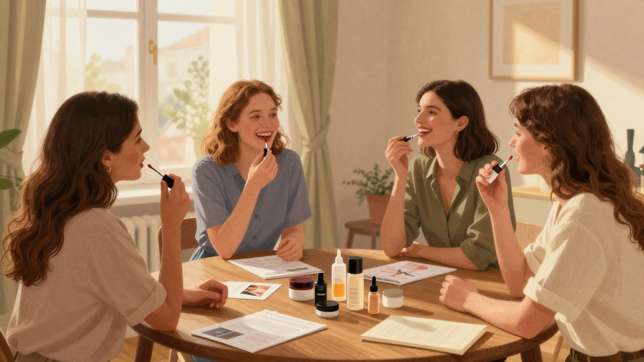 Malá skupina přátel si vyzkouší kosmetiku Mary Kay při domácím představení.