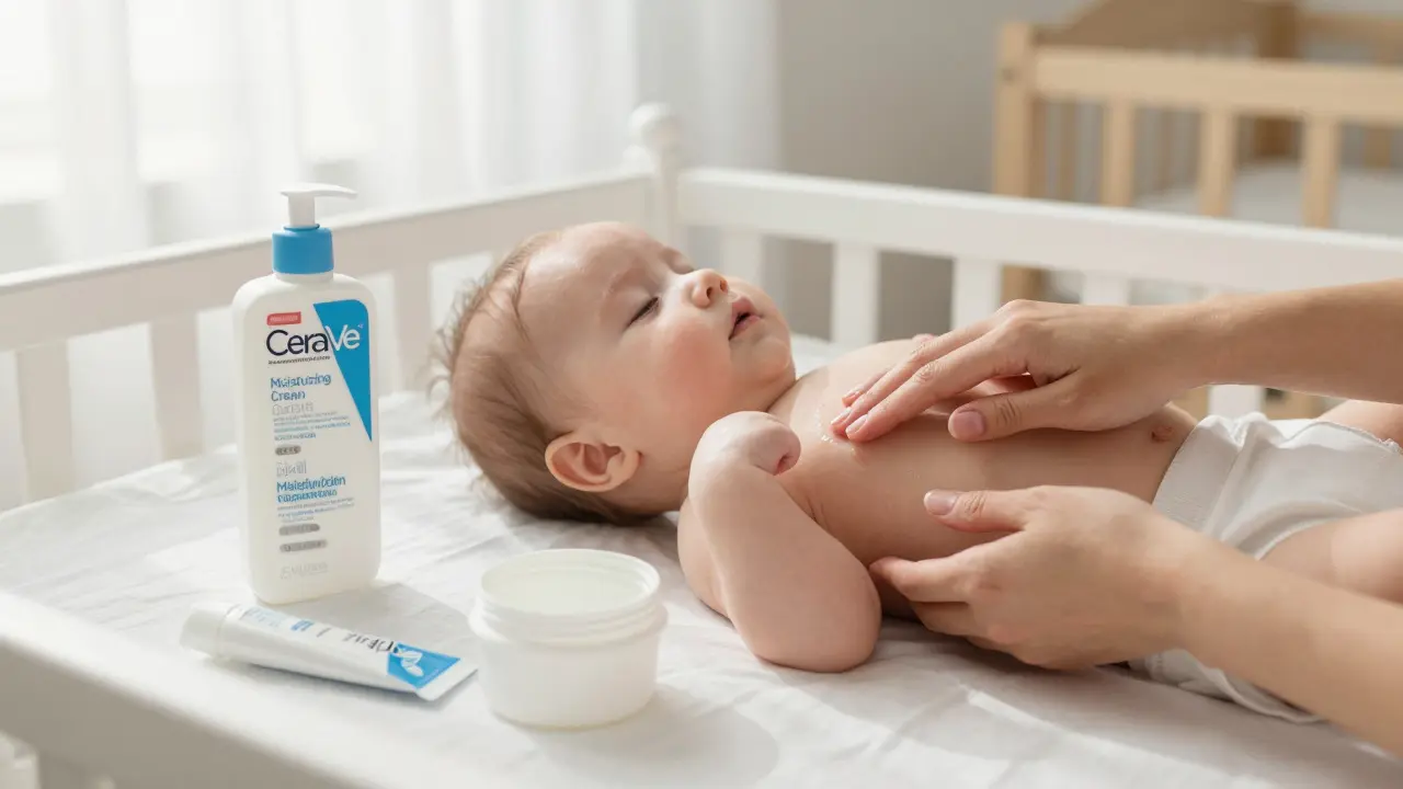 Matka aplikuje CeraVe na dítě v pokoji s jemným světlem