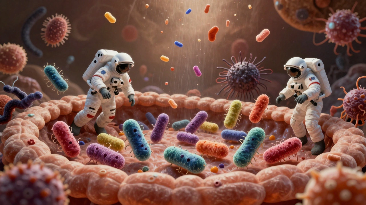 Mikroskopická scéna laktobacilů přistávajících na střevních kloubech proti patogenním bakteriím.