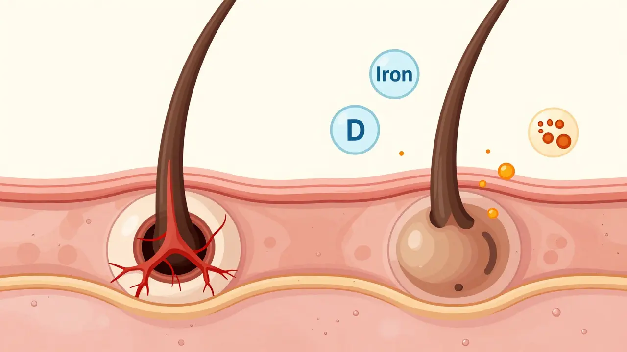 Mikroskopický pohled na zdravý a poškozený vlasový folikul s ikonami železa a vitamínu D.
