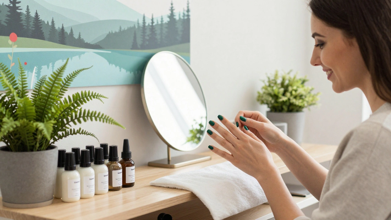 Moderní česká manikúra v přírodní zelené barvě v ekologickém salónu v Brně.