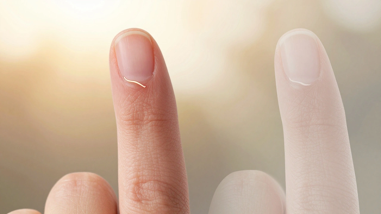 Nově růstoucí nehet na zhojeném prstu s přirozenou kůží kolem.