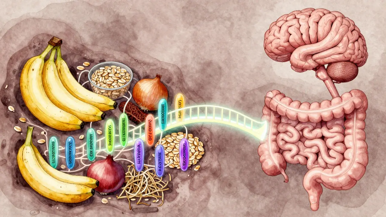 Organický ekosystém střev s probiotiky a prebiotiky spojenými s mozkem prostřednictvím osy.