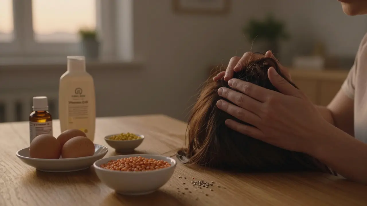 Osoba jemně masíruje kůži hlavy večer, kolem ní zdravá jídla a péčové produkty.