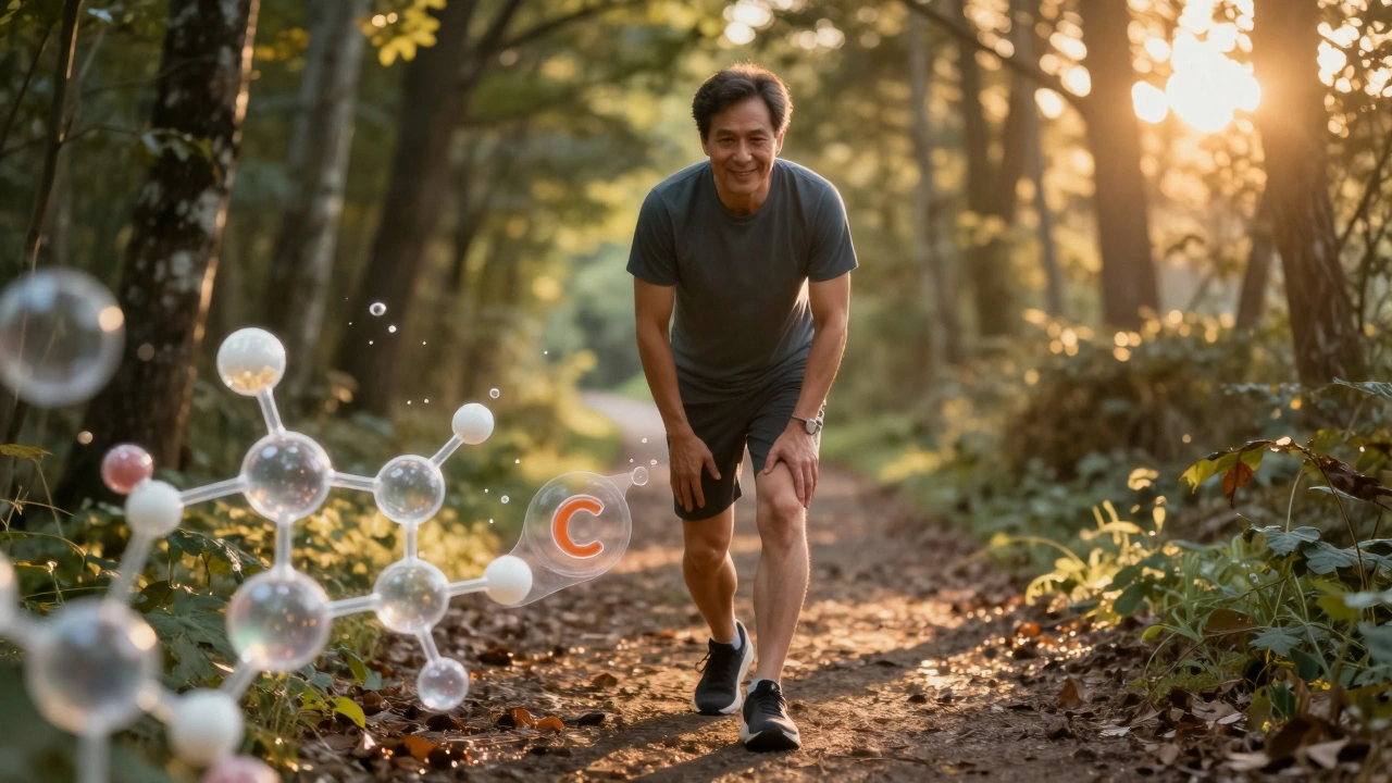 Osoba prochází lesní stezku při západu slunce, symbolizující pohyblivost kloubů.