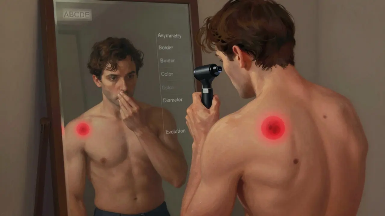 Osoba prohlíží svou kůži v zrcadle s dermatoskopem, symbolizující samovyšetření a rané zjištění.