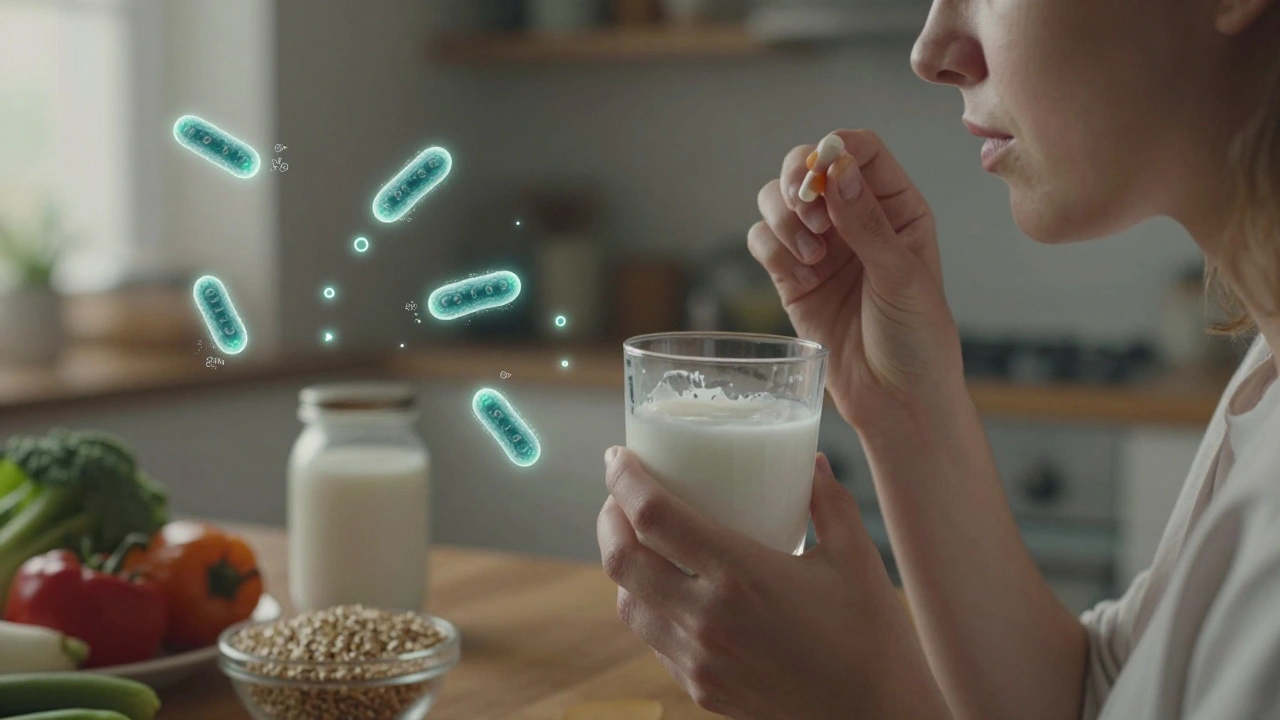 Osoba užívá probiotika a kefír ráno, zatímco kladné bakterie se vstříkují do těla.