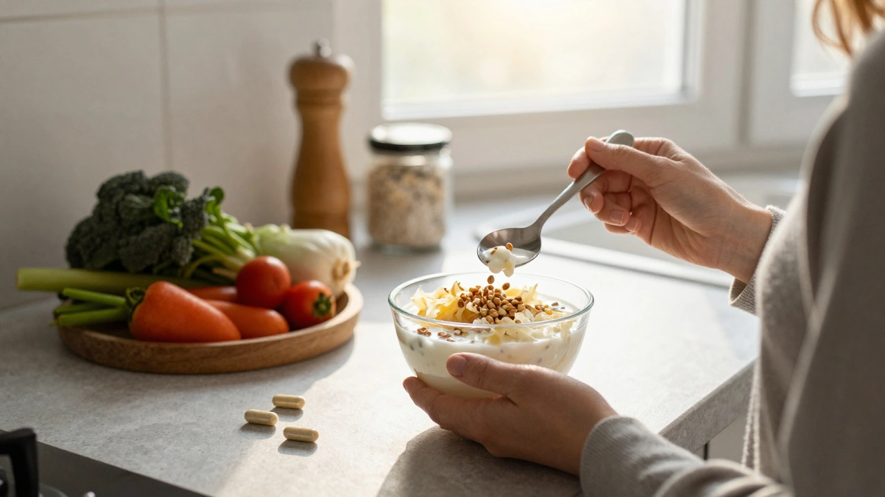 Osobu v kuchyni, která jí fermentované potraviny při slunečném světle ráno.