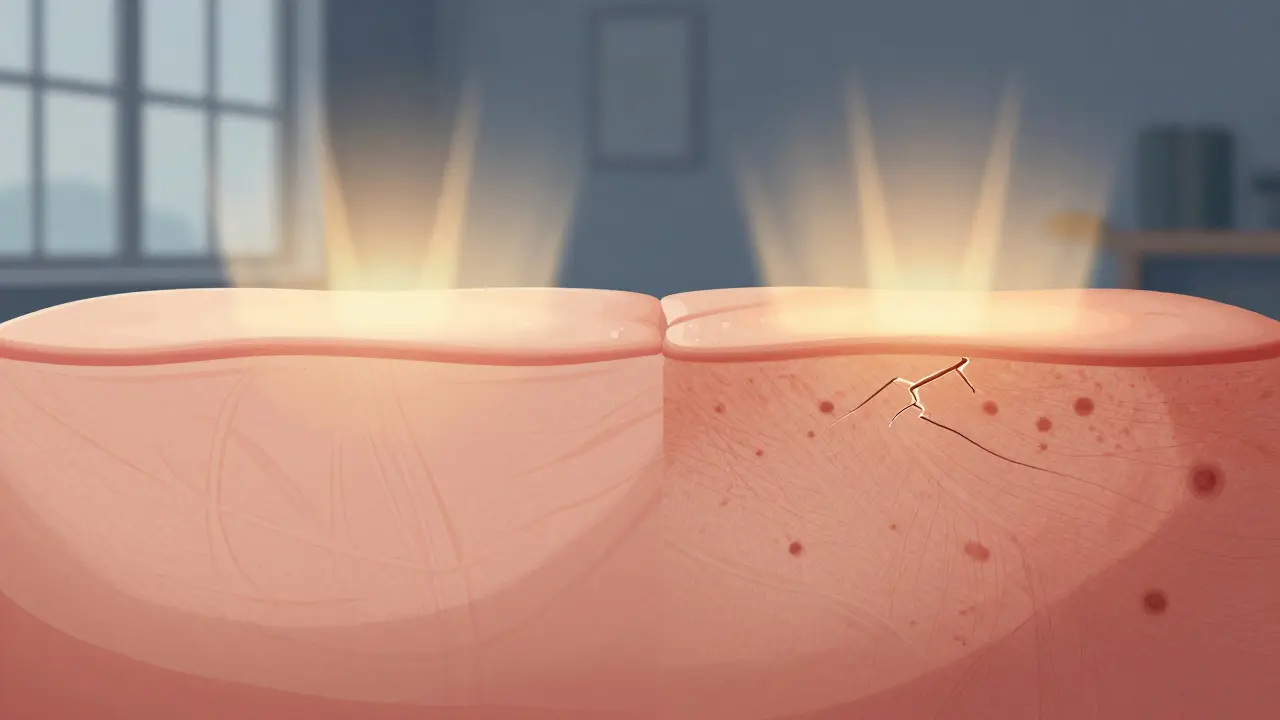 Porovnání zdravé a poškozené pokožky pod UV zářením.