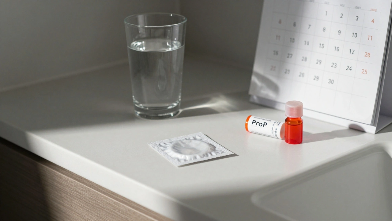 Prázdný kondom, kalendář a lék PrEP na koupelně.