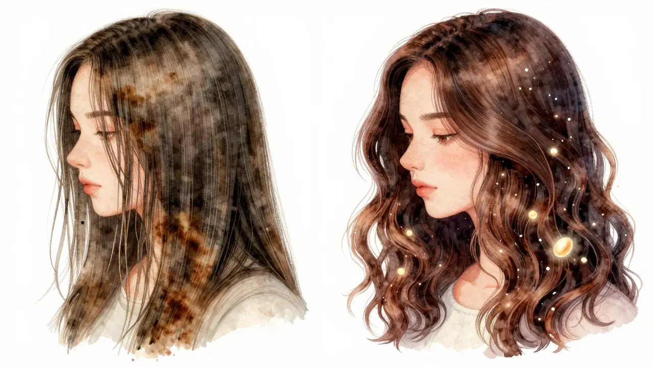 Přechod jemných vlasů od poškozených k zdravým a objemným v podobě vodní kresby.