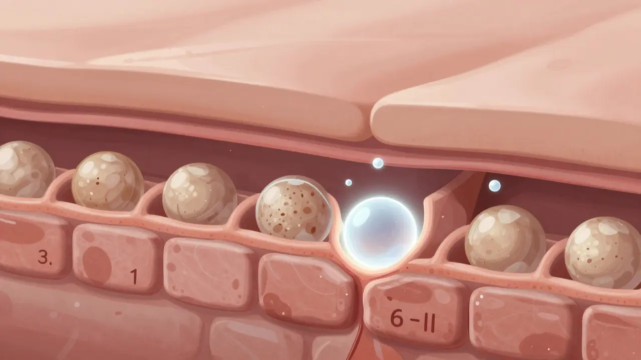 Průřez kůže s ceramidy a hyaluronovou kyselinou obnovujícími bariéru