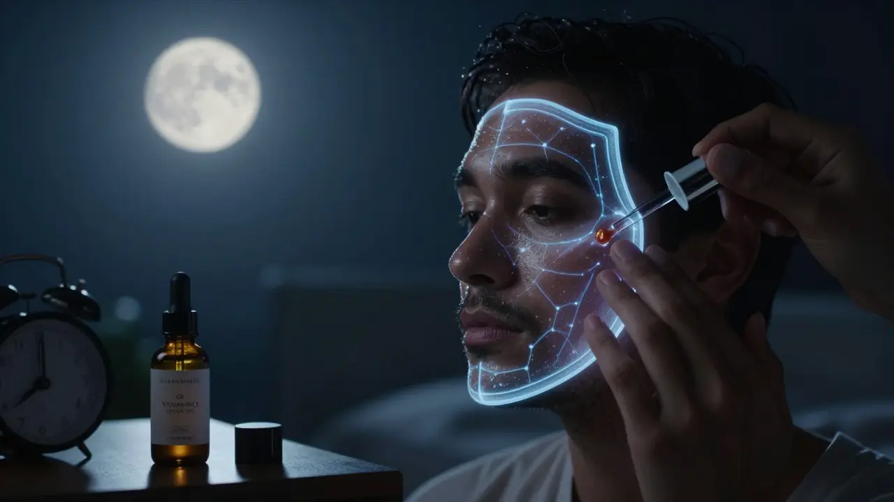 Ruka aplikuje noční sérum na tvář, kolem pleti se objevuje zářivá ochranná bariéra.