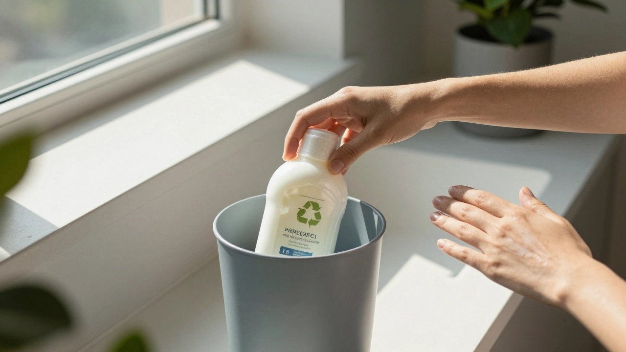 Ruka házející vyprázděnou láhev do recyklace, druhá ruka aplikuje čerstvé tělové mléko