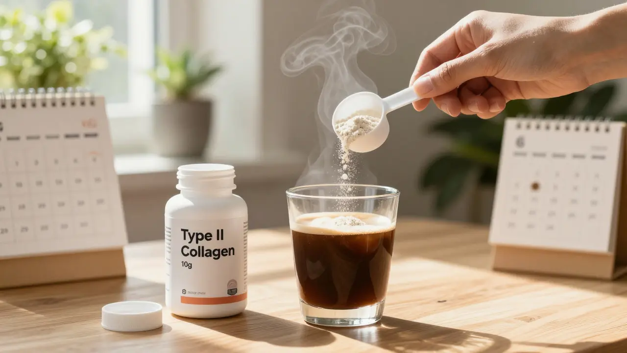 Ruka nalévá hydrolyzovaný kolagen do kávy, vedle láhev s označením typu II.