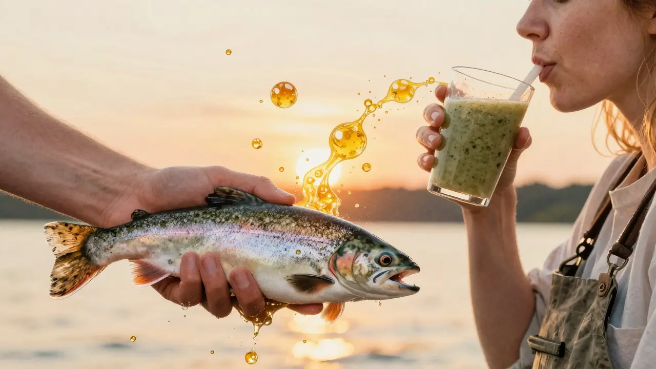 Rybík v ruce s měkkými šupinami, jejichž částice se mění v zlaté molekuly kolagenu.
