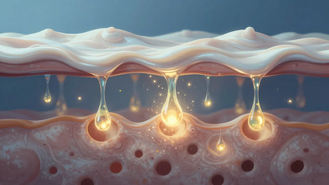 Schematiczní znázornění kůže s pronikajícími látkami z séra a blokovanými krémem.