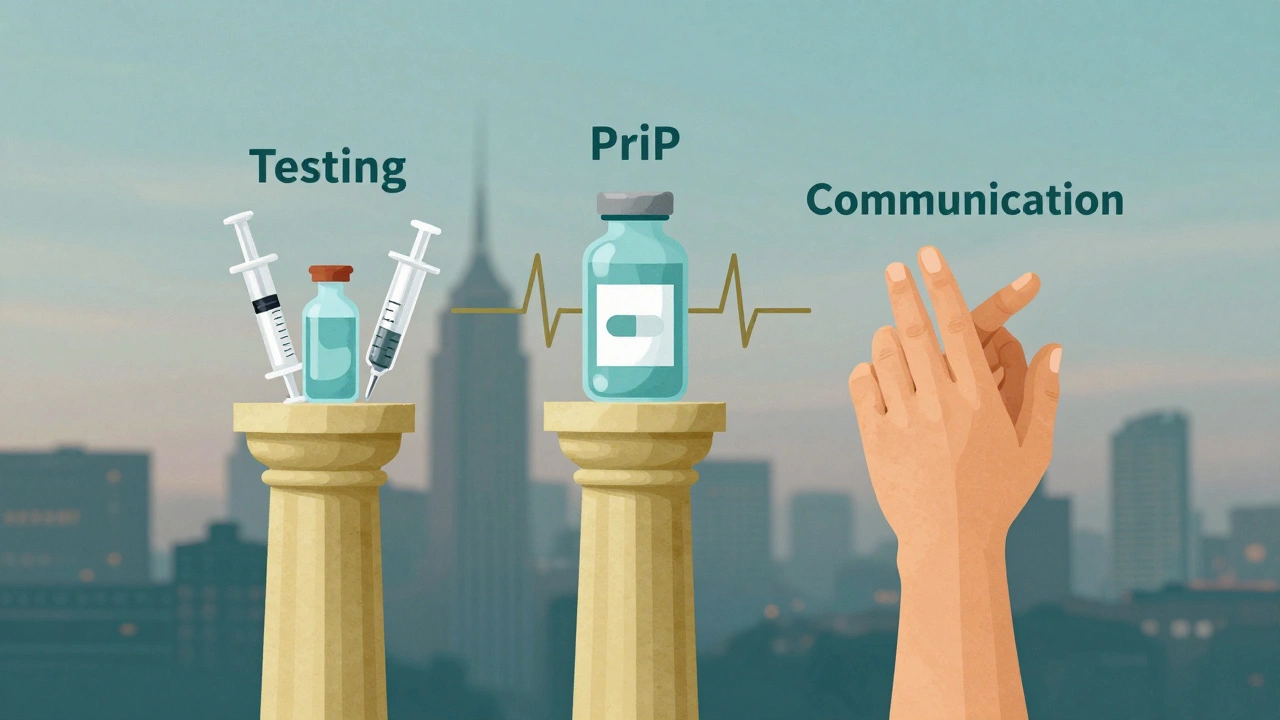 Tři pilíře symbolizující testování, PrEP a komunikaci vztahu.