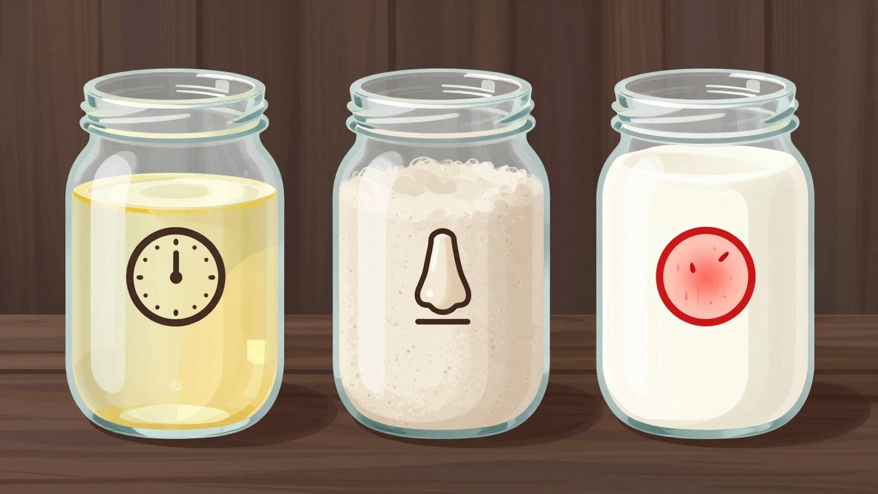 Tři skleněné nádoby s různými stavy tělového mléka: čerstvé, oddělené a zrnité