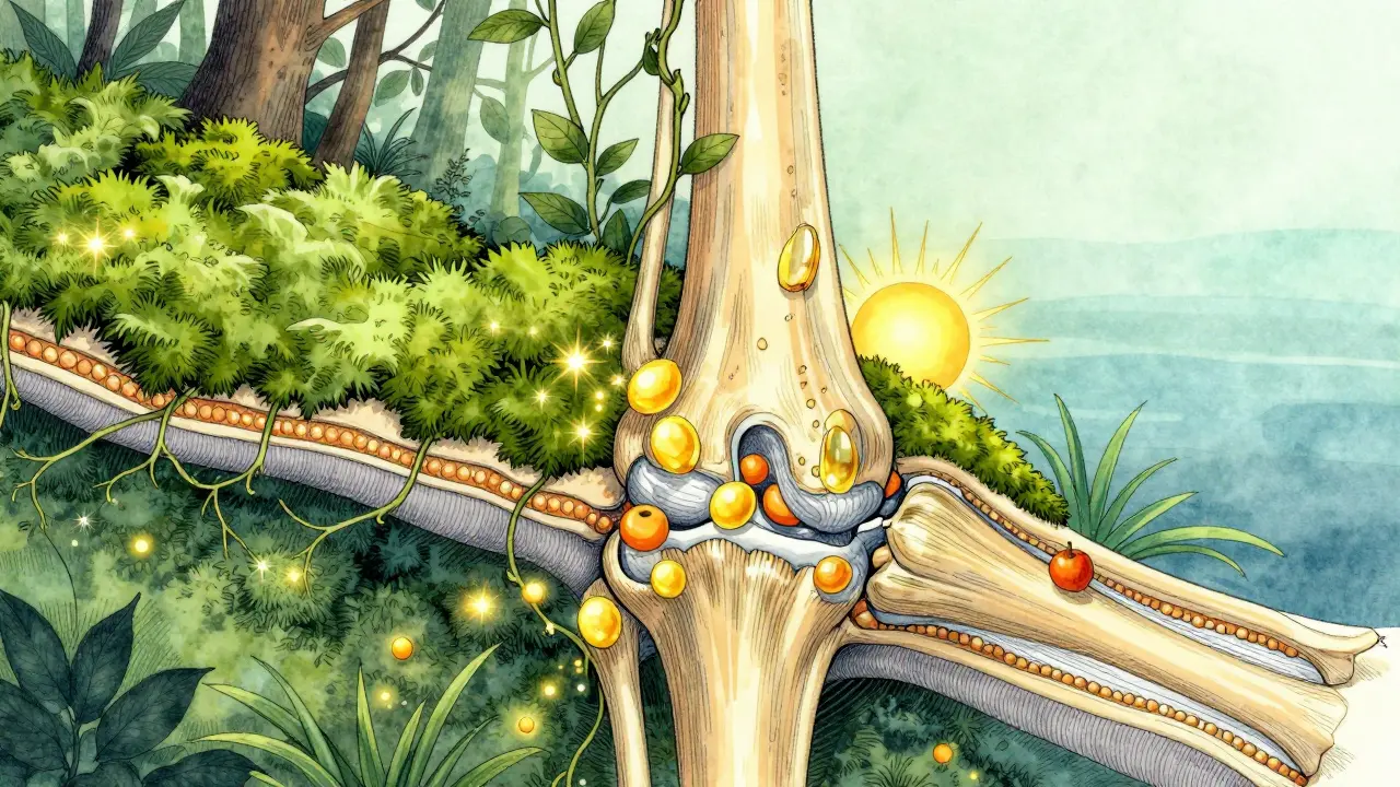 Ukázka kloubu jako zahrady s kolagenem, omega-3 a kurkuminem jako živými prvky.