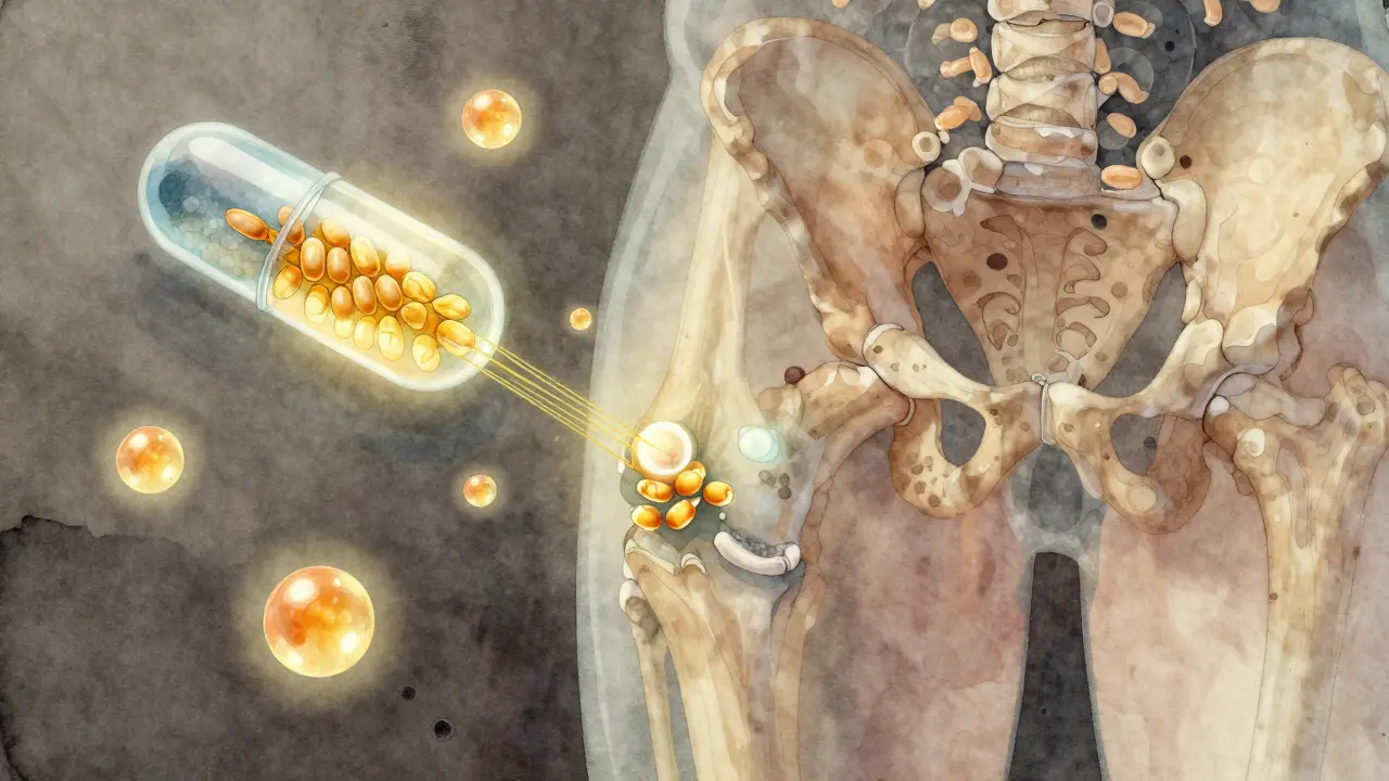 Upravený kloub s zlatými peptide kolagenu proudícími z rybí šupiny