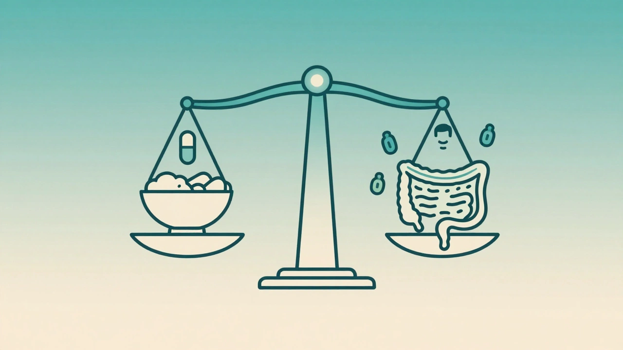 Váha ukazující rovnováhu mezi probiotiky, potravinami a zdravým tělem.